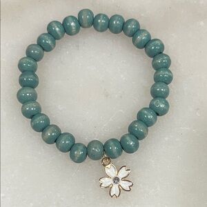 Teal Beaded Bracelet with Flower Enamel Charm